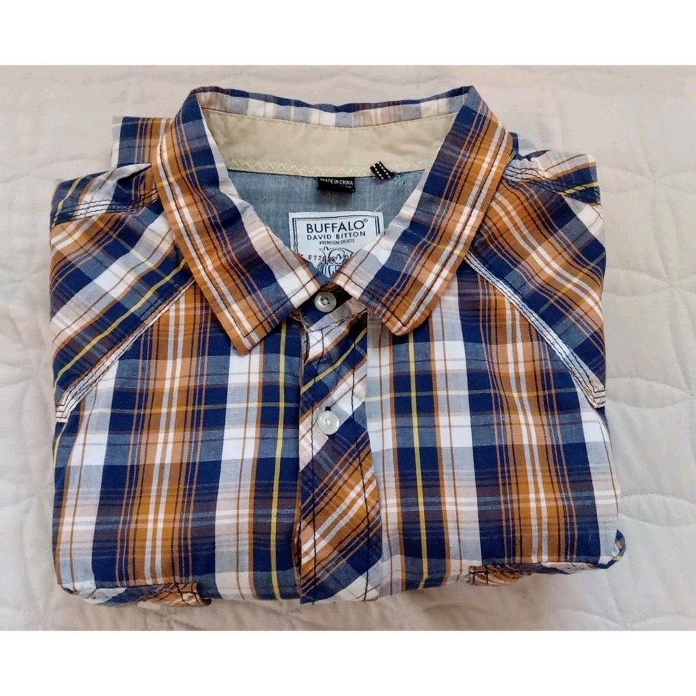 buffalo david bitton Blue Orange White Plaid Western Button Down Shirt Size L